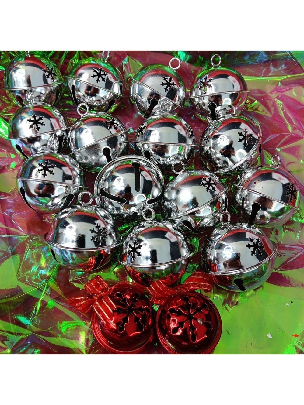 17 Christmas Ornament Bells Silver And Red Jingles Tree Or Other Christmas Decor